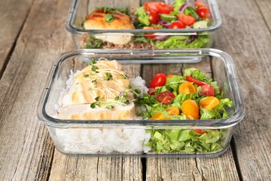 Photo of Healthy meal. Containers with different products on wooden table, closeup