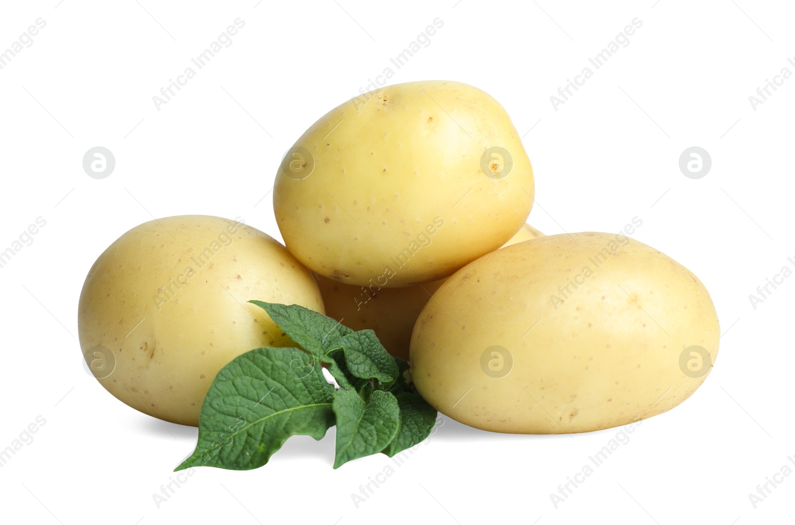 Photo of Fresh raw potatoes and green leaves isolated on white