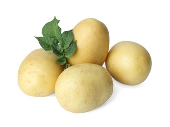 Photo of Fresh raw potatoes and green leaves isolated on white