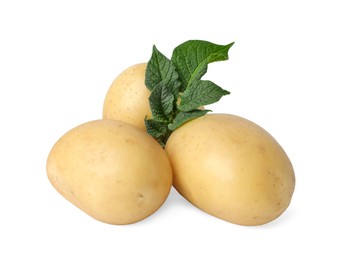 Fresh raw potatoes and green leaves isolated on white