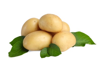 Fresh raw potatoes and green leaves isolated on white