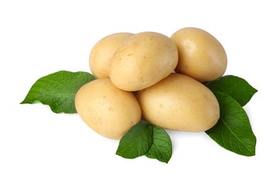 Photo of Fresh raw potatoes and green leaves isolated on white