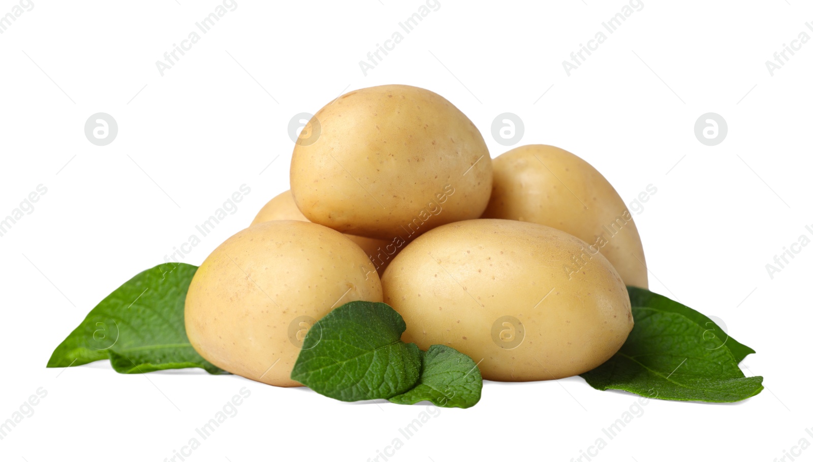 Photo of Fresh raw potatoes and green leaves isolated on white