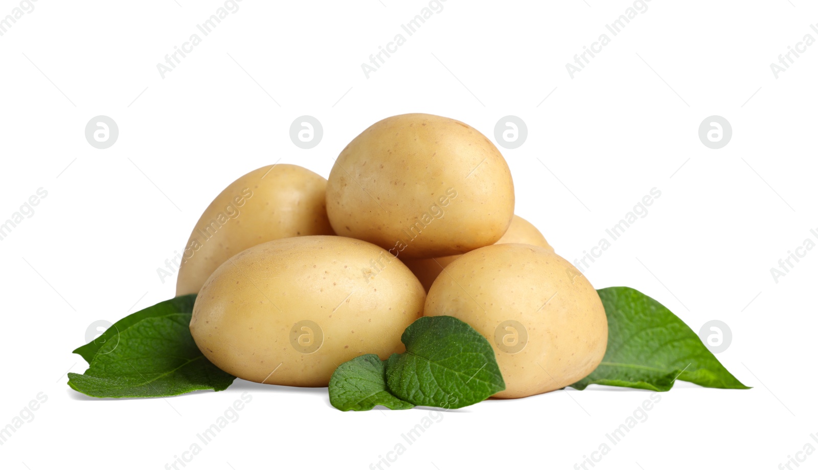 Photo of Fresh raw potatoes and green leaves isolated on white