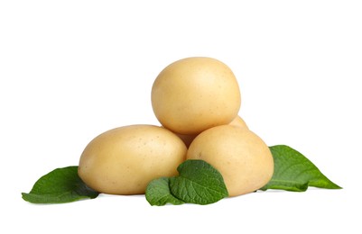 Photo of Fresh raw potatoes and green leaves isolated on white