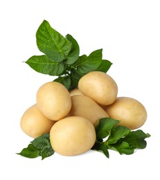 Photo of Fresh raw potatoes and green leaves isolated on white