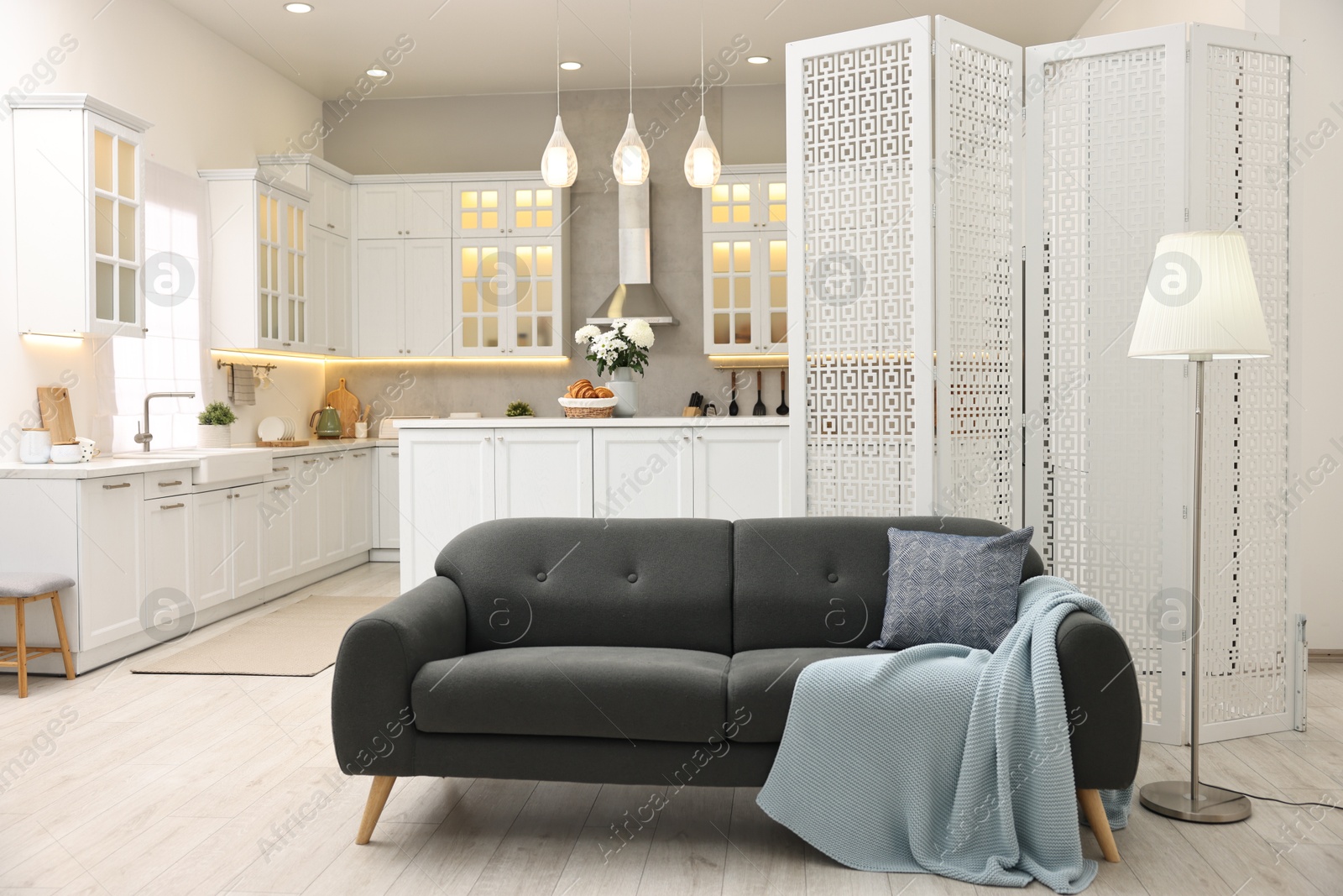 Photo of Stylish room interior with lamp, sofa and folding screen