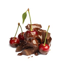 Fresh cherries with chocolate isolated on white