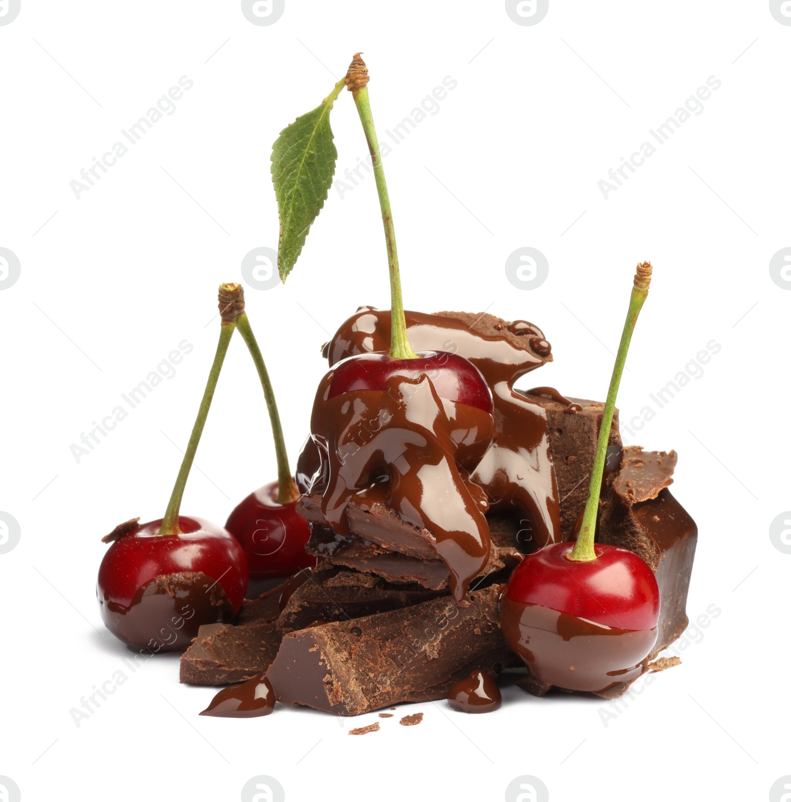 Photo of Fresh cherries with chocolate isolated on white