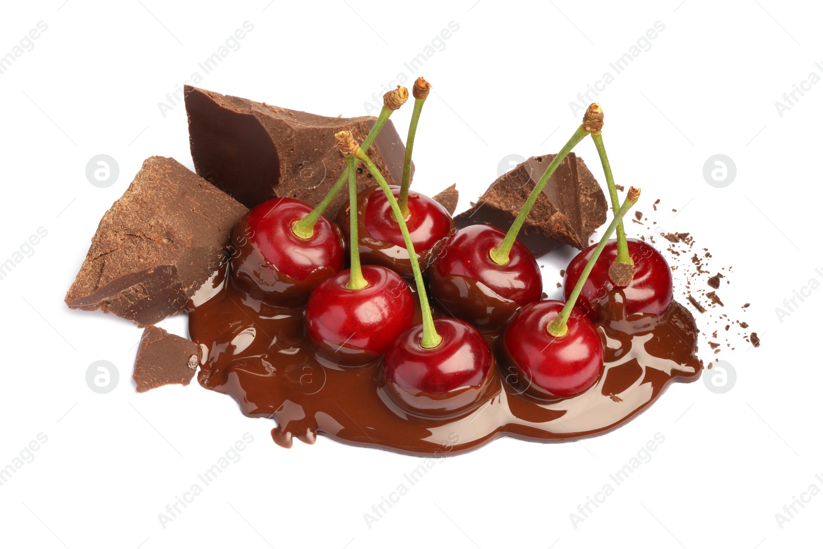 Photo of Fresh cherries with chocolate isolated on white