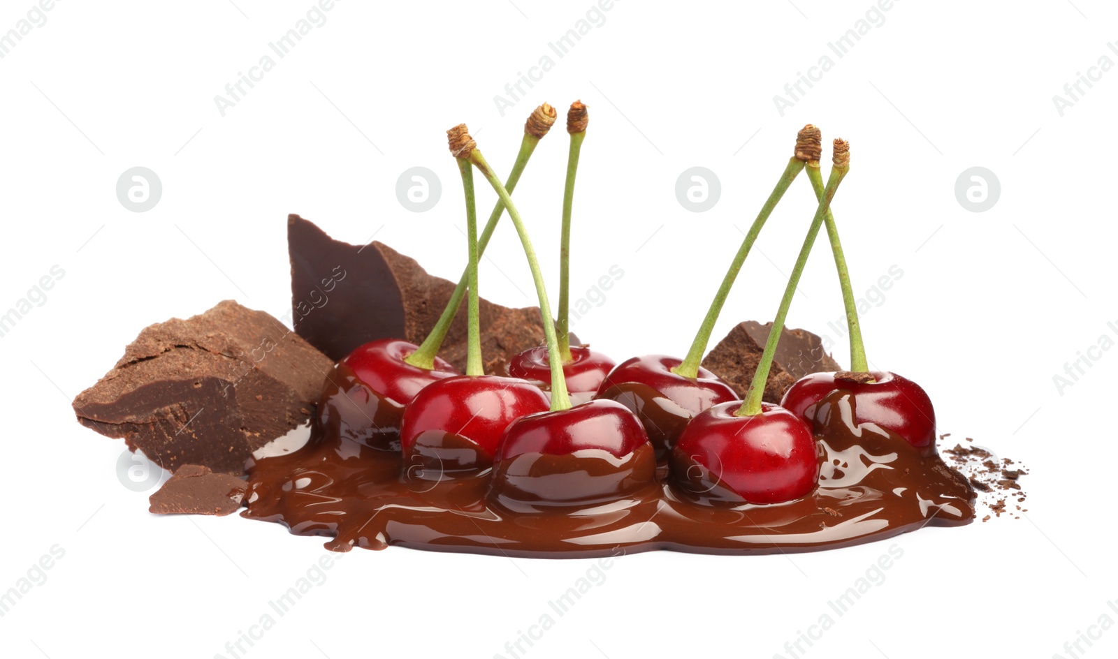 Photo of Fresh cherries with chocolate isolated on white