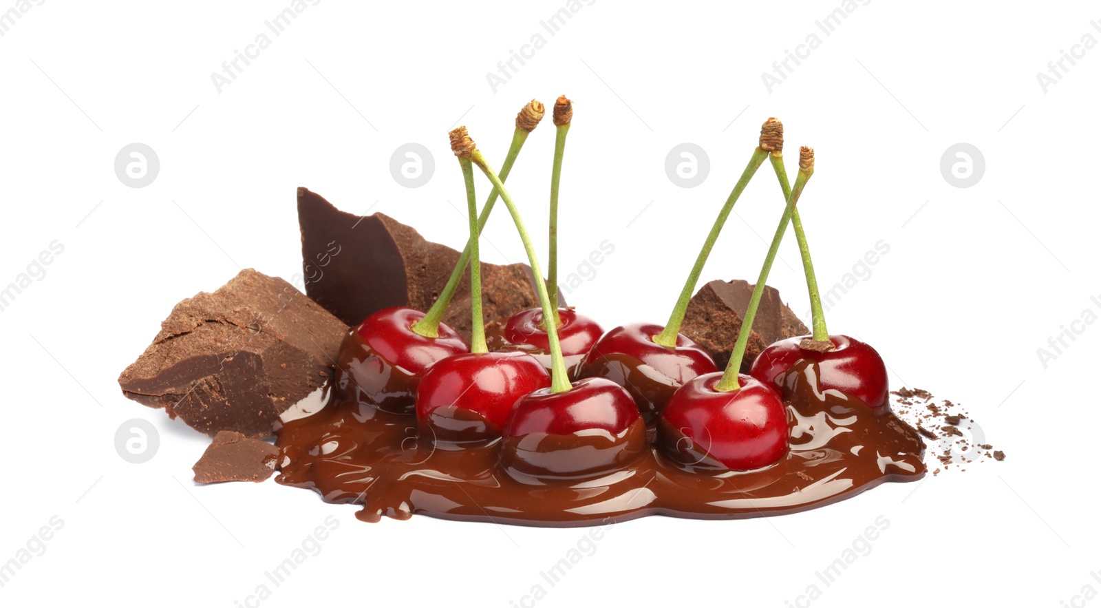 Photo of Fresh cherries with chocolate isolated on white