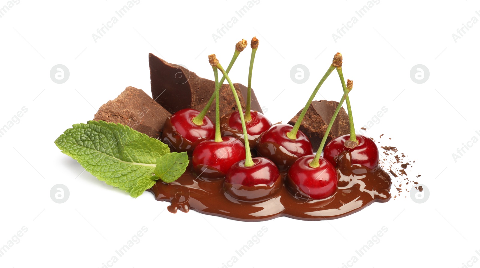 Photo of Fresh cherries with chocolate and mint isolated on white