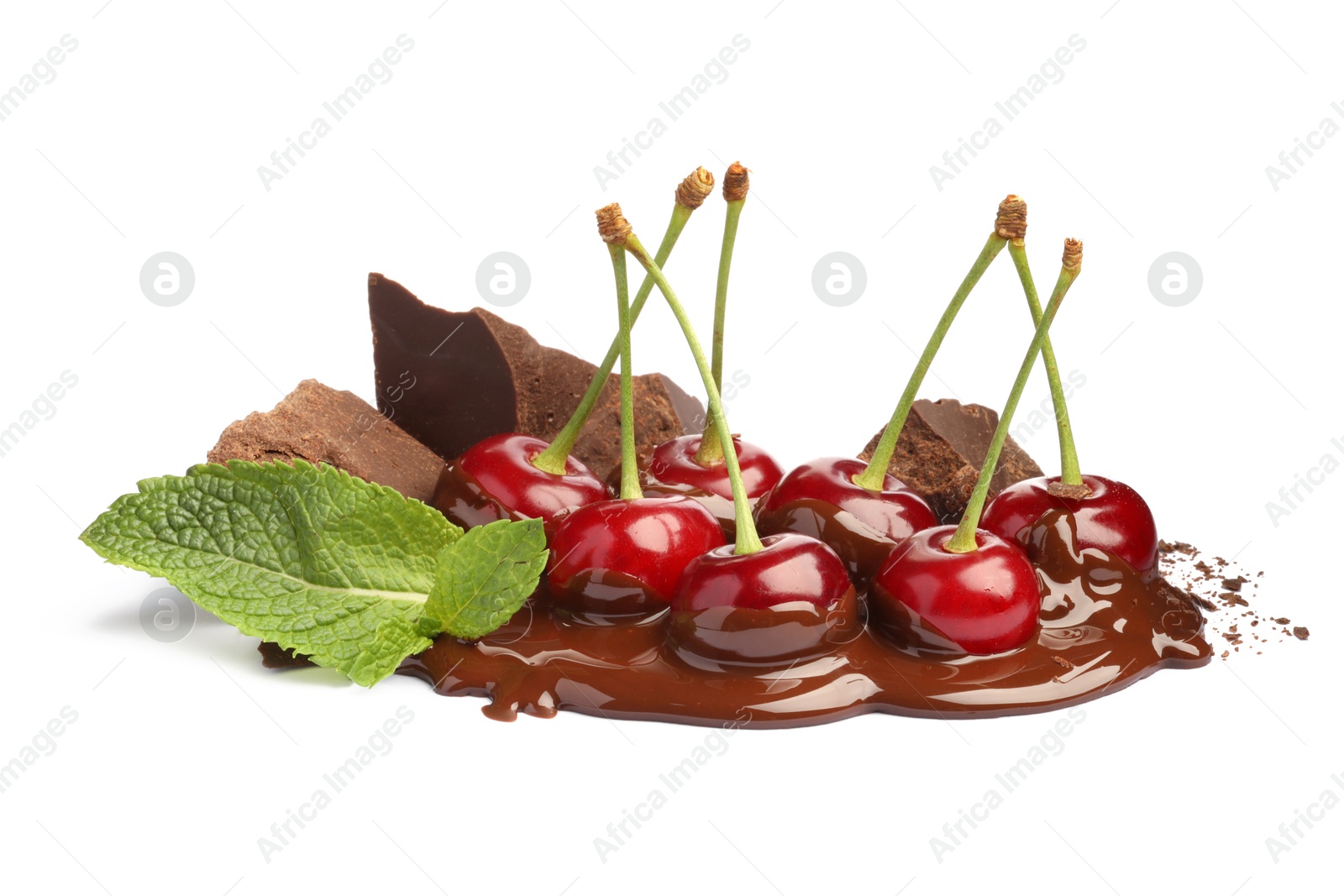 Photo of Fresh cherries with chocolate and mint isolated on white