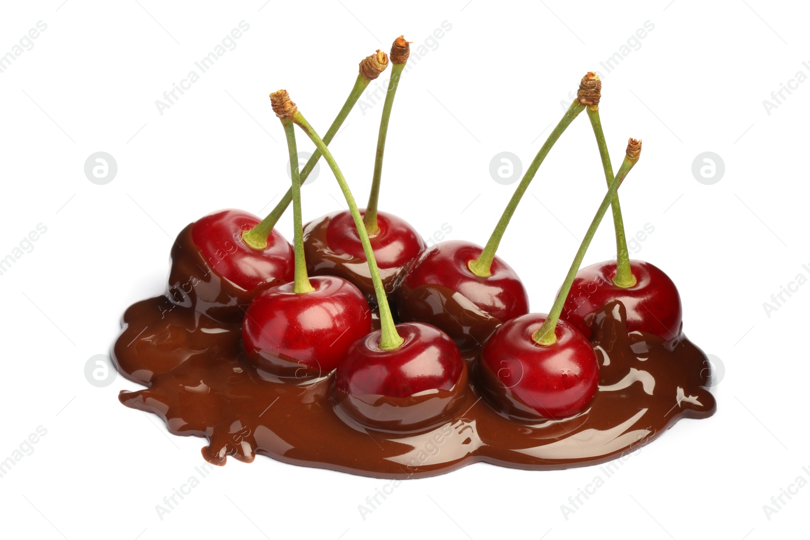 Photo of Fresh cherries with melted chocolate isolated on white