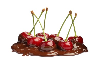 Fresh cherries with melted chocolate isolated on white