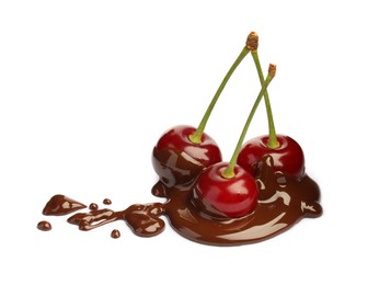 Photo of Fresh cherries with melted chocolate isolated on white