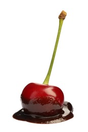 Fresh cherry with melted chocolate isolated on white