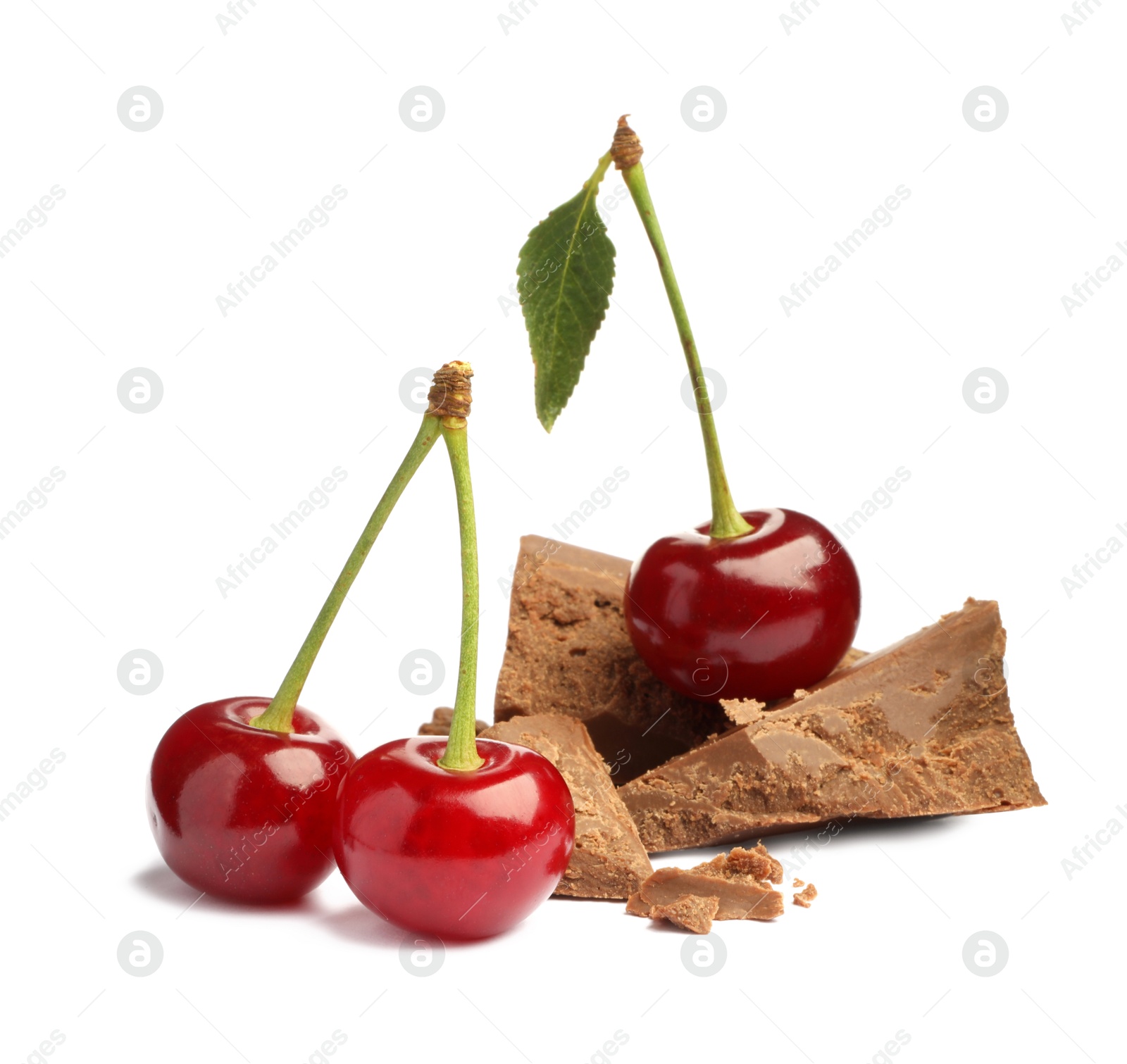 Photo of Fresh cherries with pieces of milk chocolate isolated on white