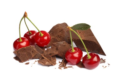 Fresh cherries with pieces of dark chocolate isolated on white