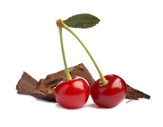 Photo of Fresh cherries with pieces of dark chocolate isolated on white