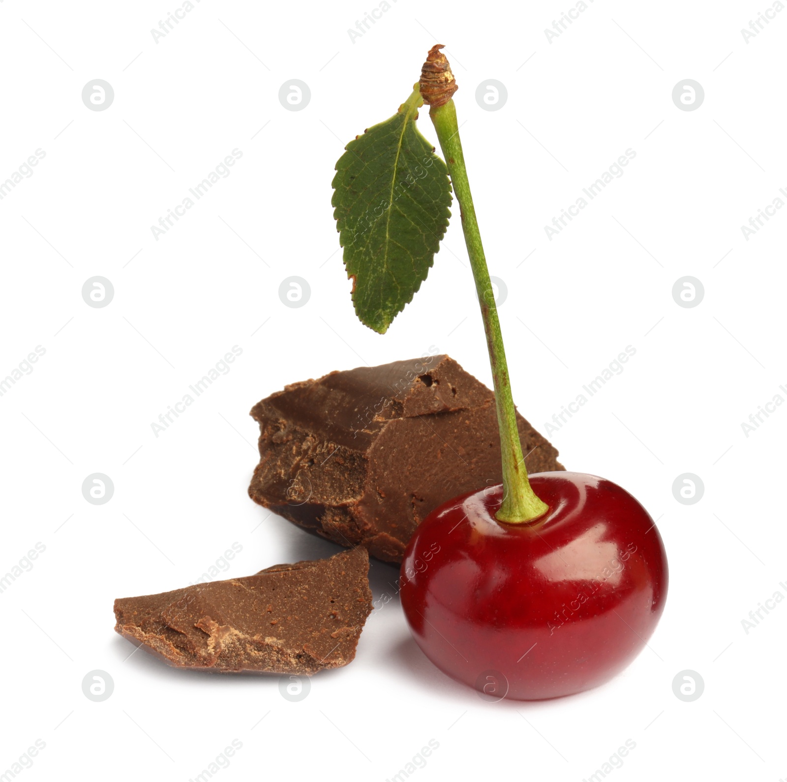 Photo of Fresh cherry with pieces of dark chocolate isolated on white