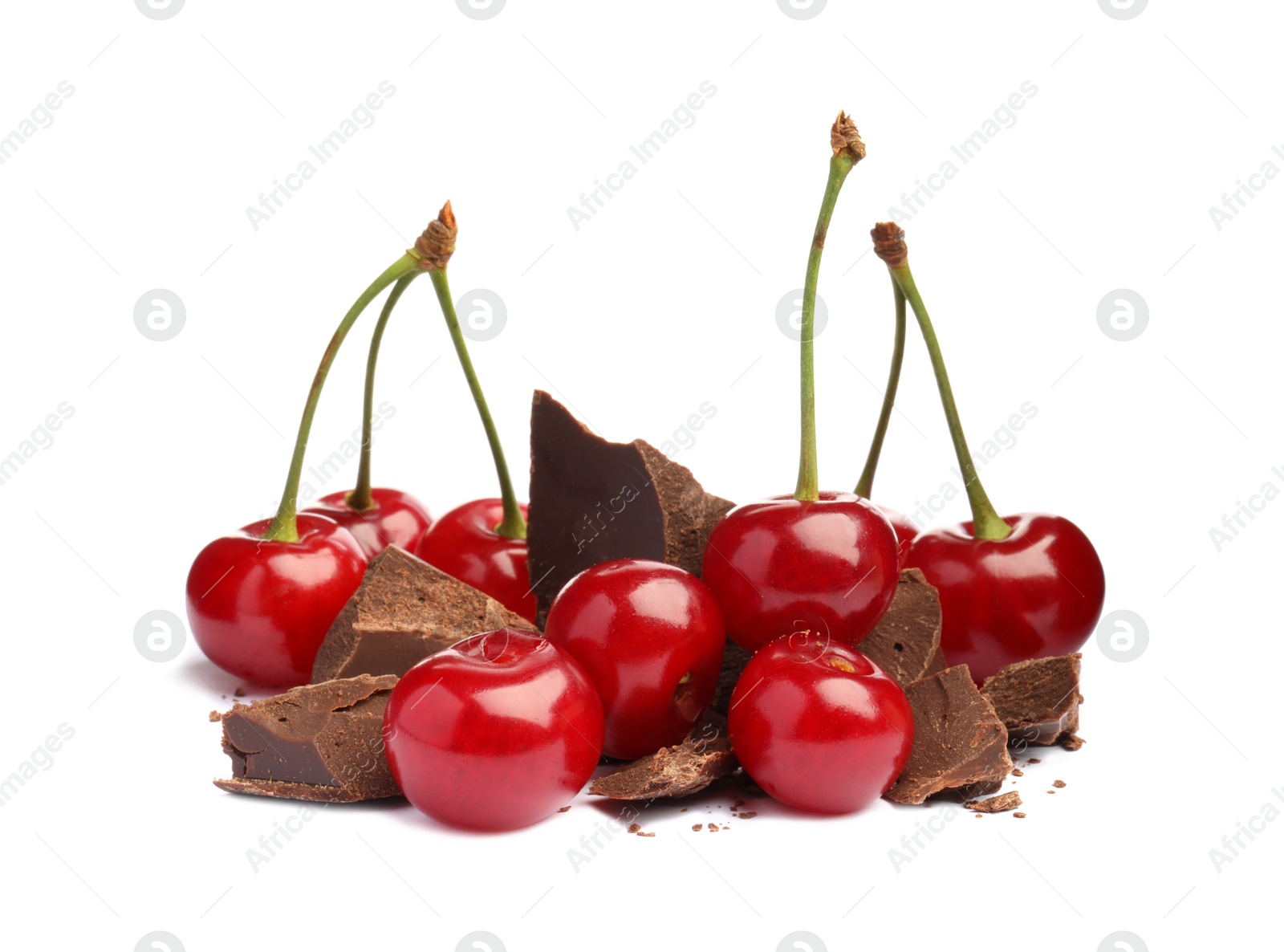 Fresh cherries with pieces of dark chocolate isolated on white Photo of Fresh cherries with pieces of dark chocolate isolated on white