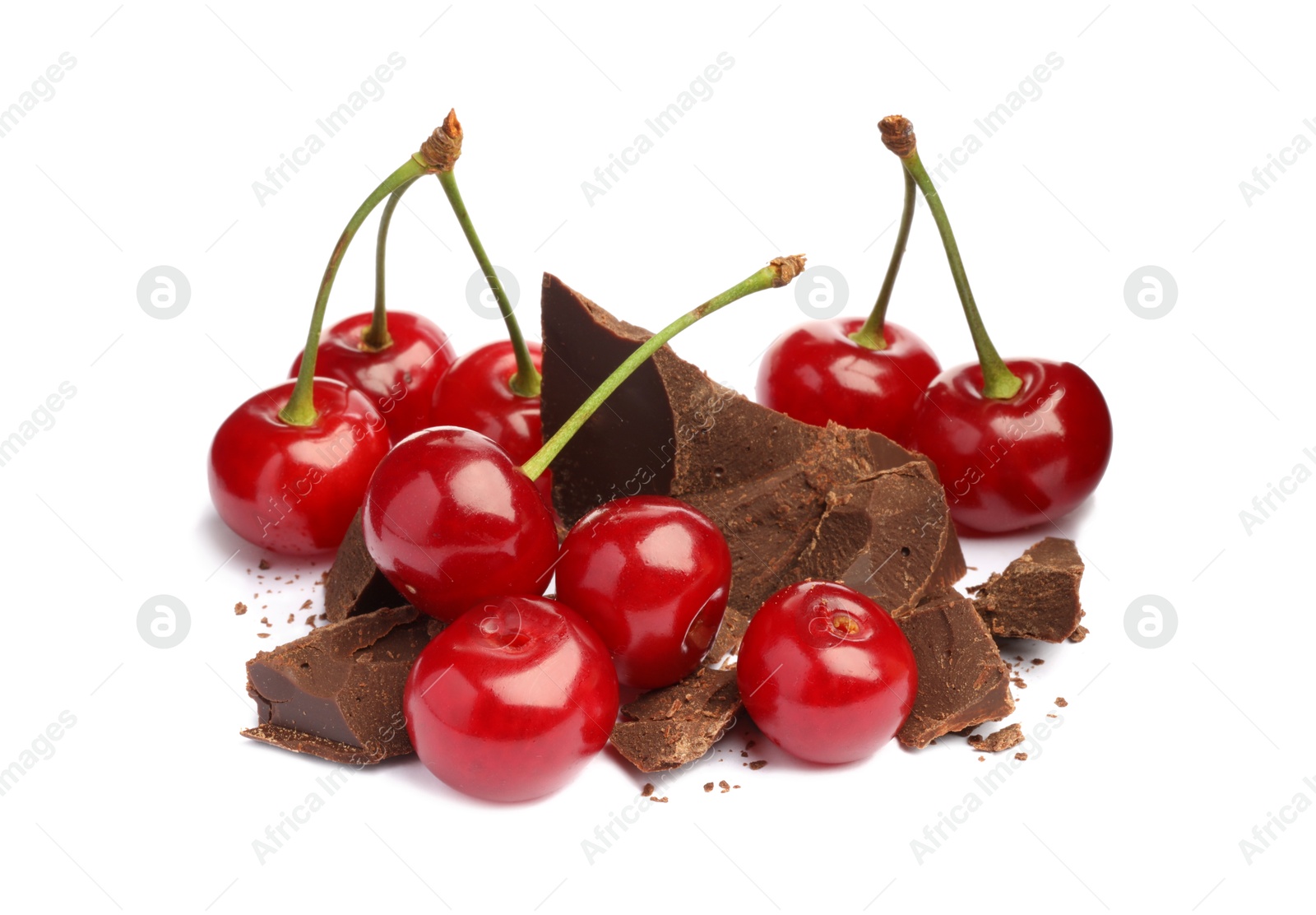 Photo of Fresh cherries with pieces of dark chocolate isolated on white