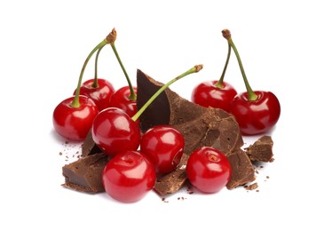 Fresh cherries with pieces of dark chocolate isolated on white