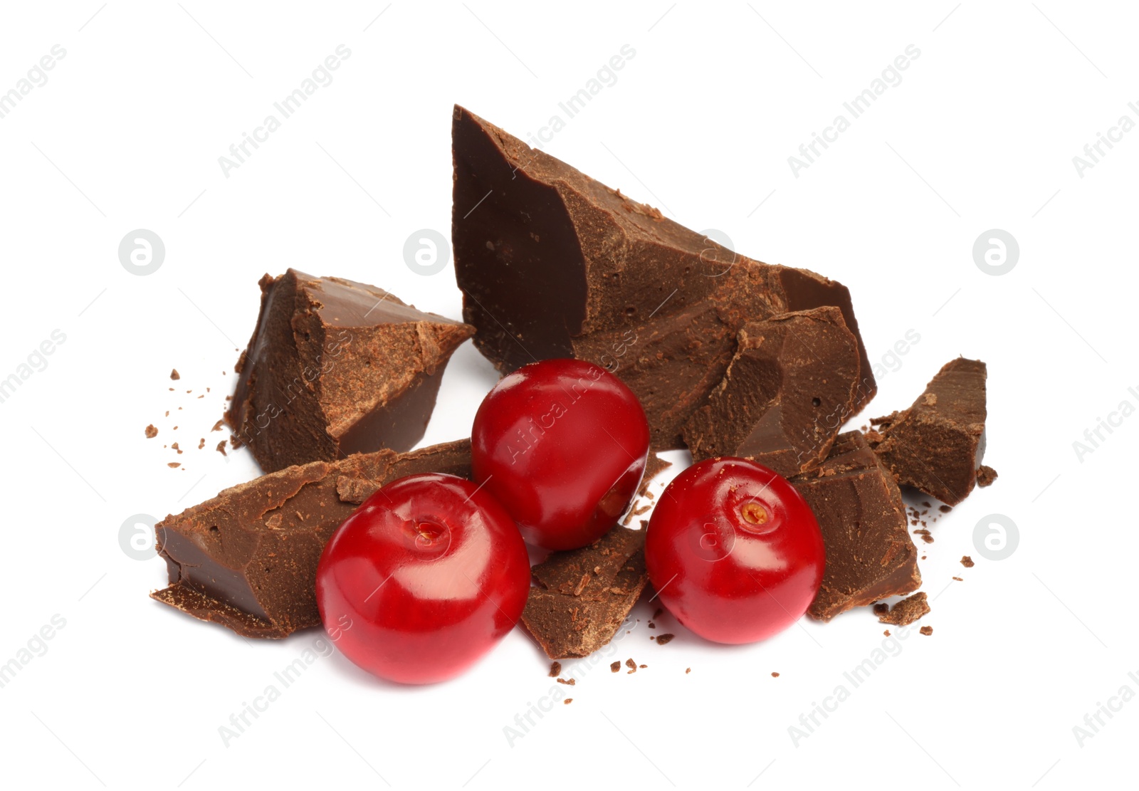 Photo of Fresh cherries with pieces of dark chocolate isolated on white