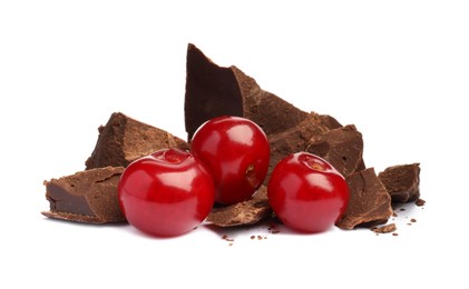 Photo of Fresh cherries with pieces of dark chocolate isolated on white