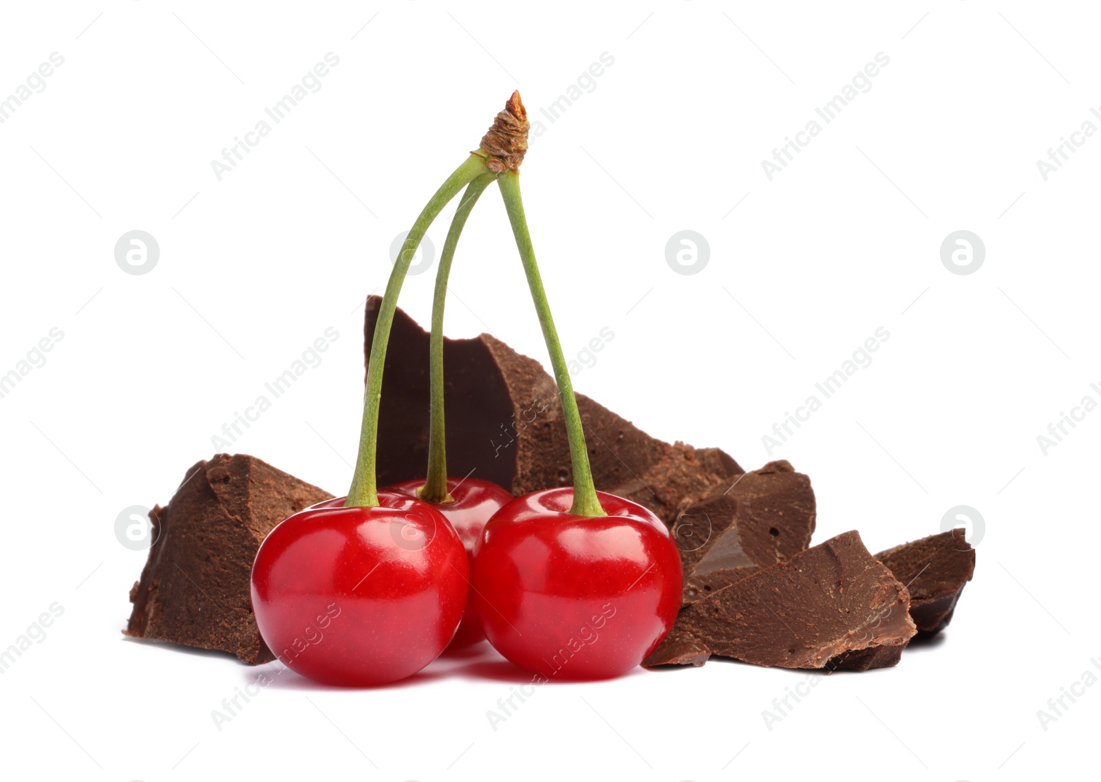 Photo of Fresh cherries with pieces of dark chocolate isolated on white