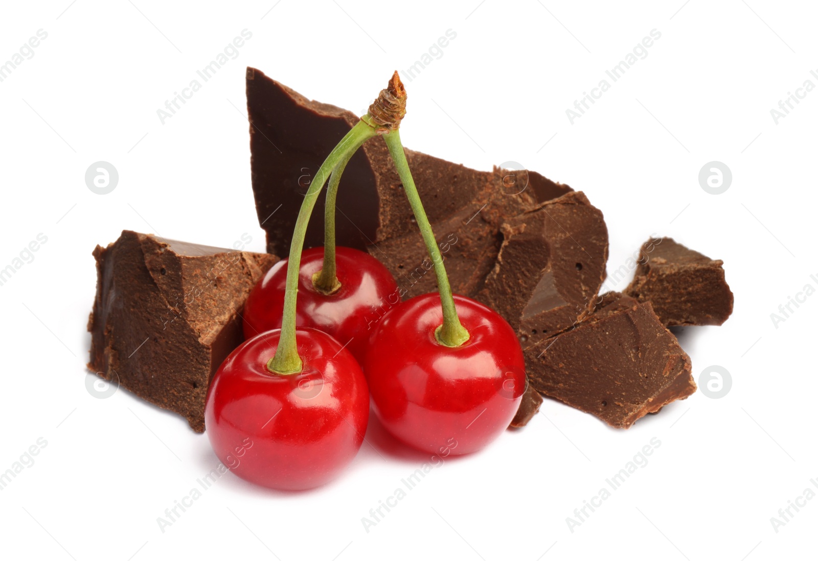 Photo of Fresh cherries with pieces of dark chocolate isolated on white