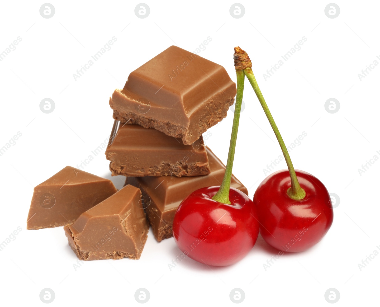 Photo of Fresh cherries with pieces of milk chocolate isolated on white