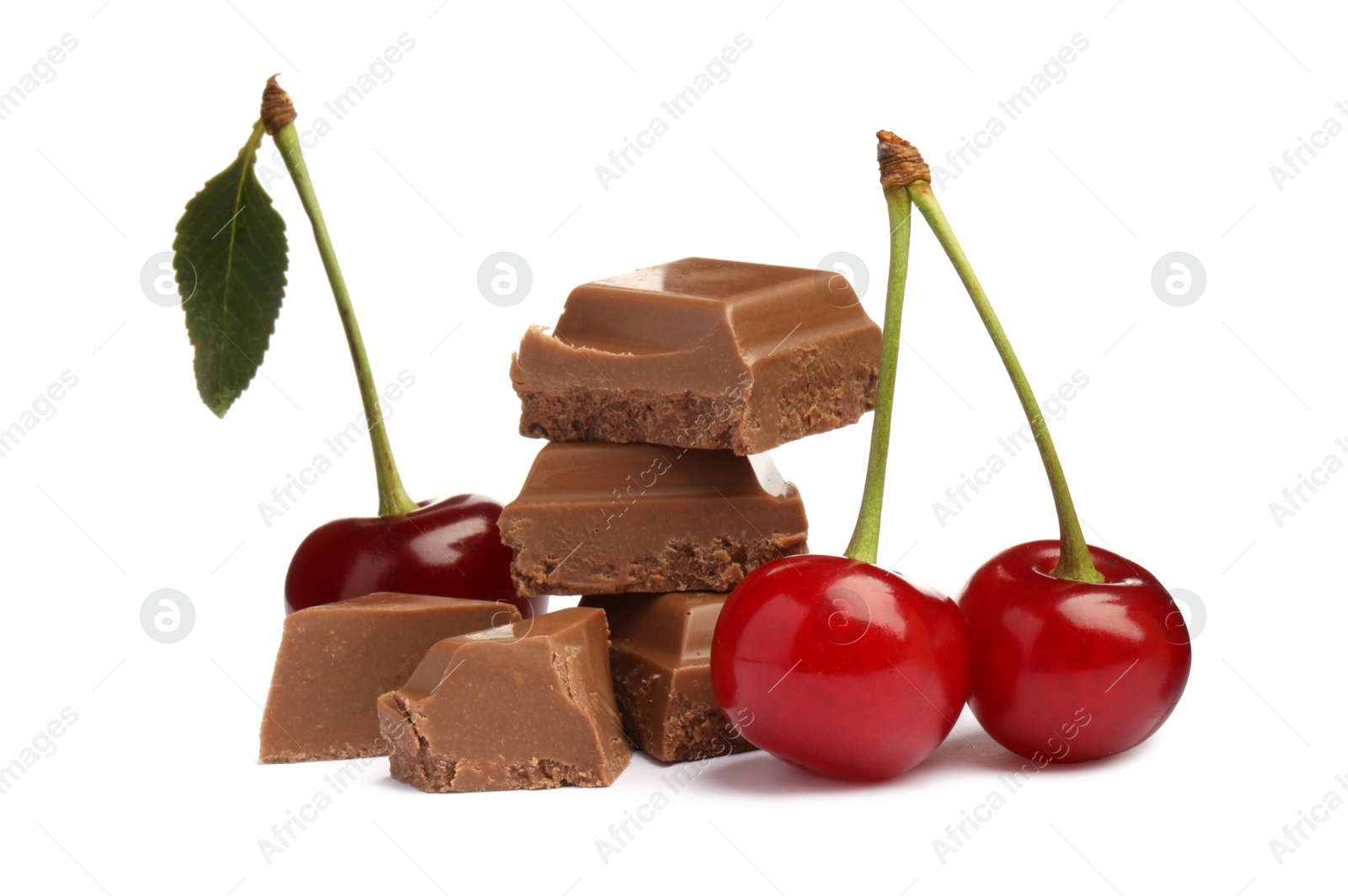 Photo of Fresh cherries with pieces of milk chocolate isolated on white