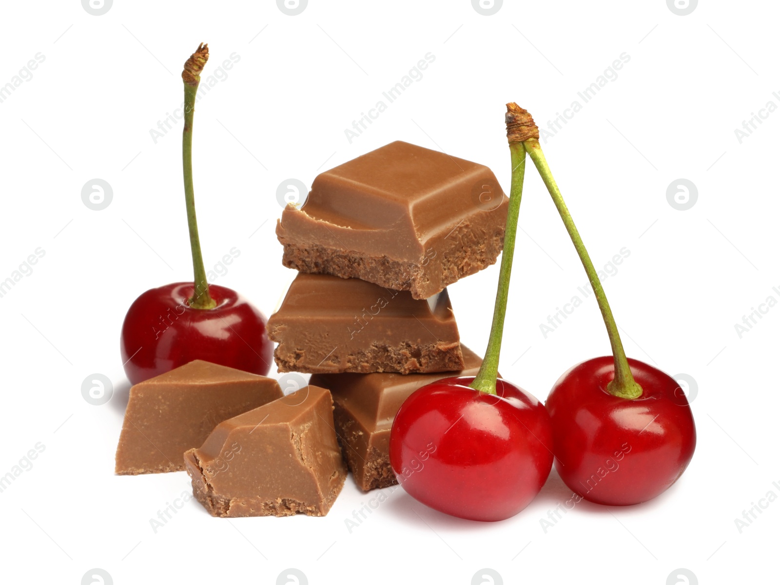 Photo of Fresh cherries with pieces of milk chocolate isolated on white