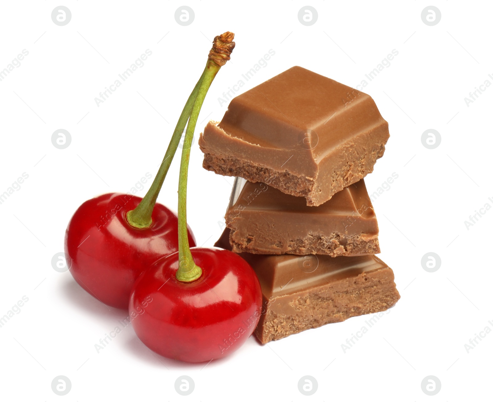 Photo of Fresh cherries with pieces of milk chocolate isolated on white