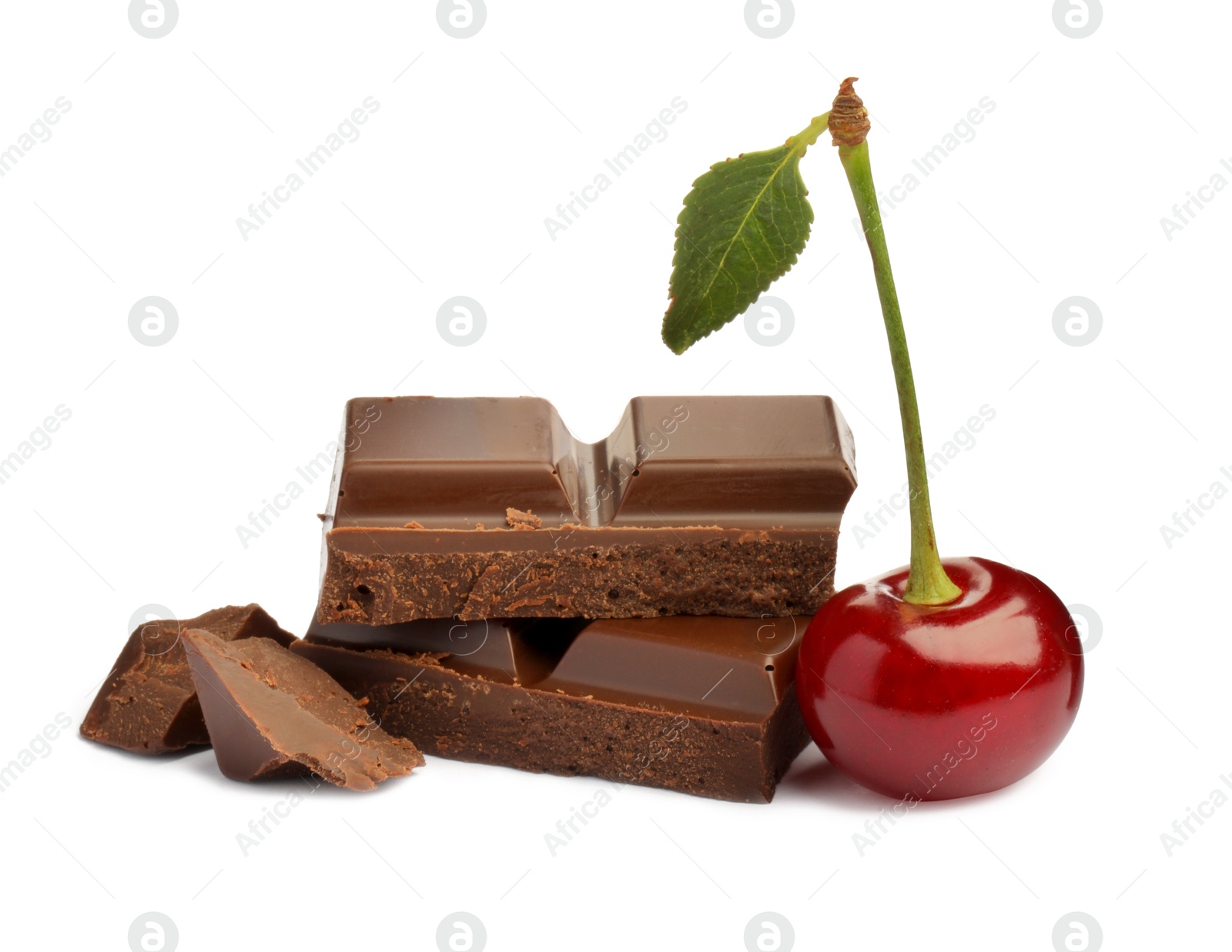 Photo of Fresh cherry with pieces of dark chocolate isolated on white