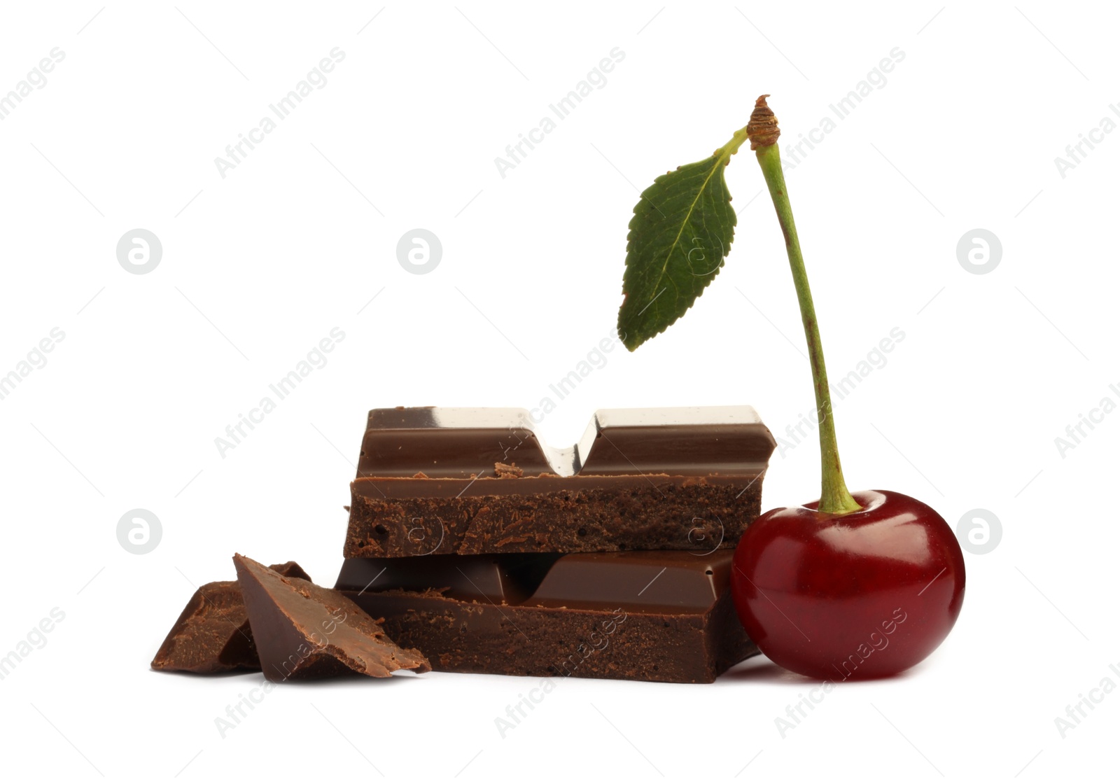 Photo of Fresh cherry with pieces of dark chocolate isolated on white