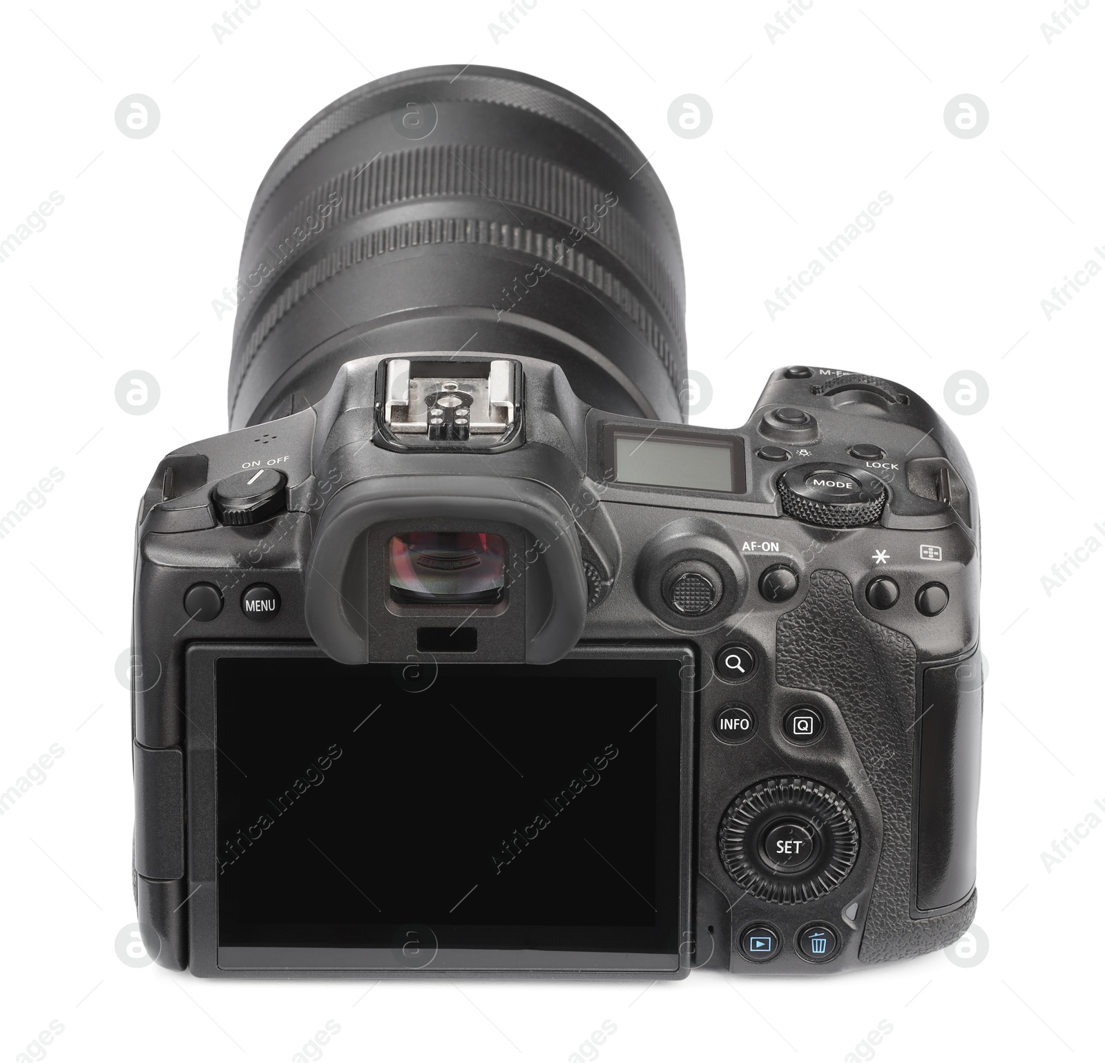 Photo of Modern camera isolated on white. Photographer's equipment