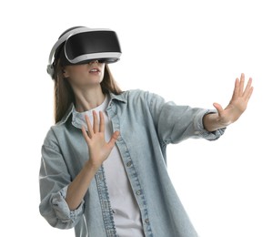 Photo of Surprised woman using virtual reality headset on white background