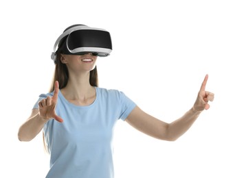 Photo of Smiling woman using virtual reality headset on white background