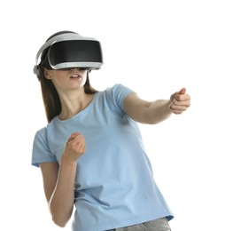 Surprised woman using virtual reality headset on white background