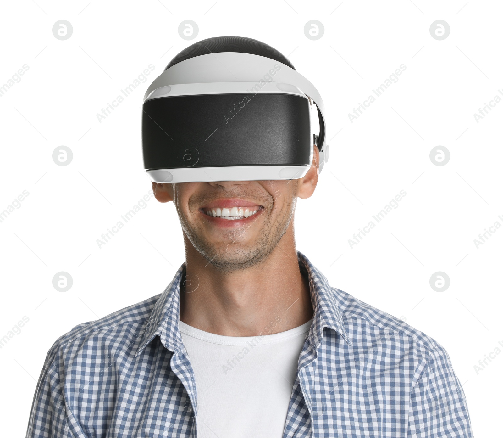 Photo of Smiling man using virtual reality headset on white background