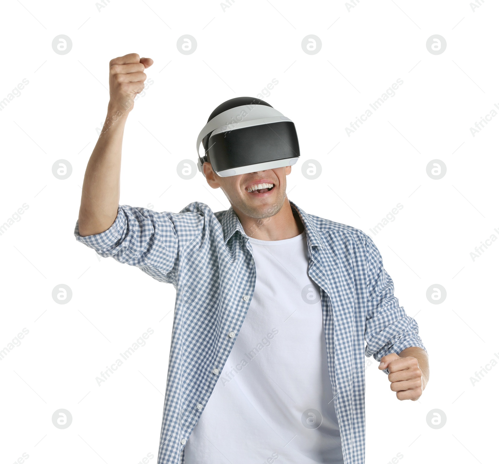 Photo of Smiling man using virtual reality headset on white background