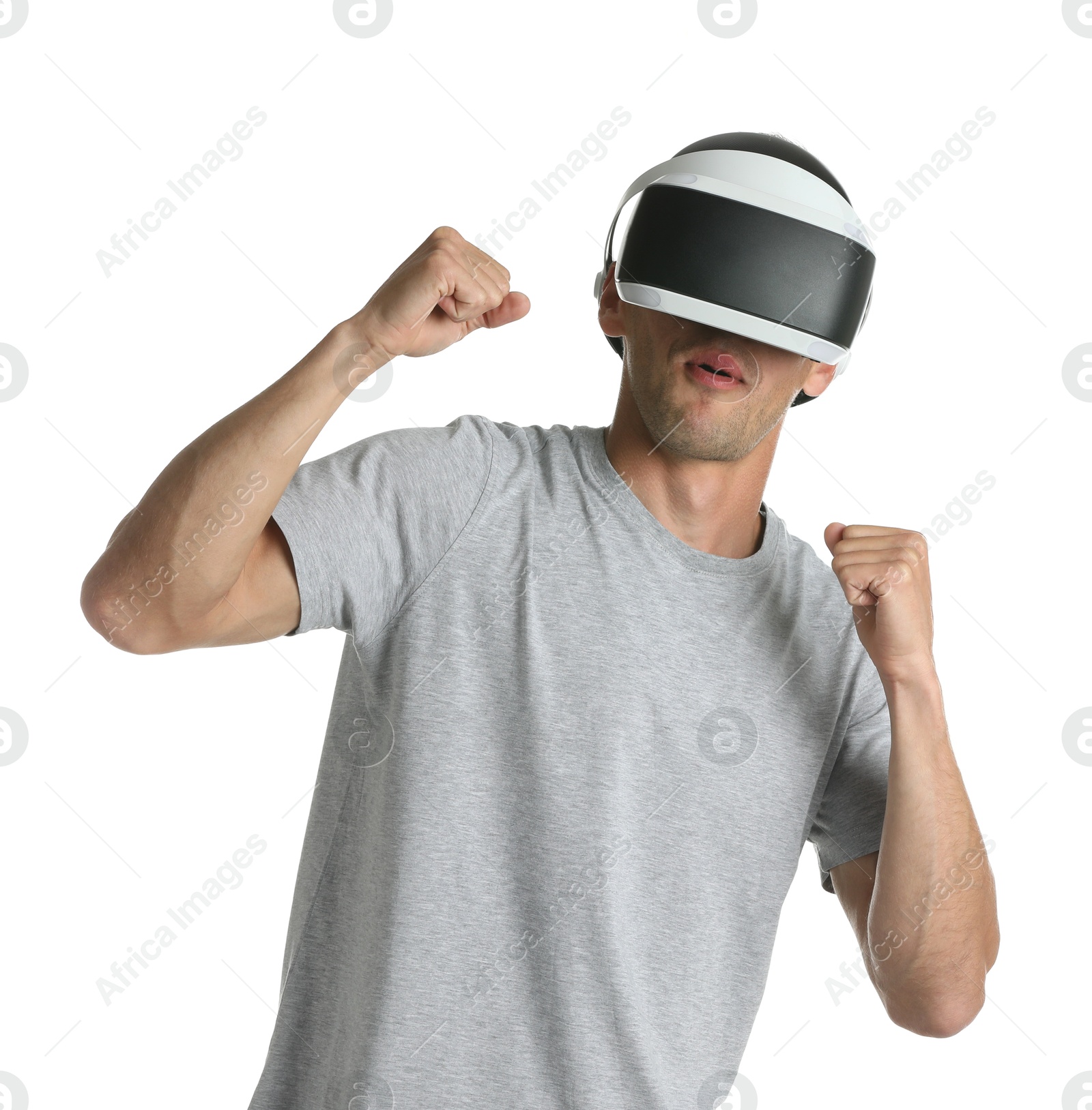 Photo of Man using virtual reality headset on white background