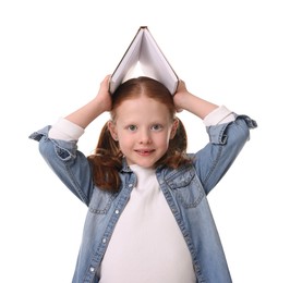 Smiling girl with book on white background