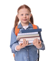 Photo of Cute little girl with stack of books on white background