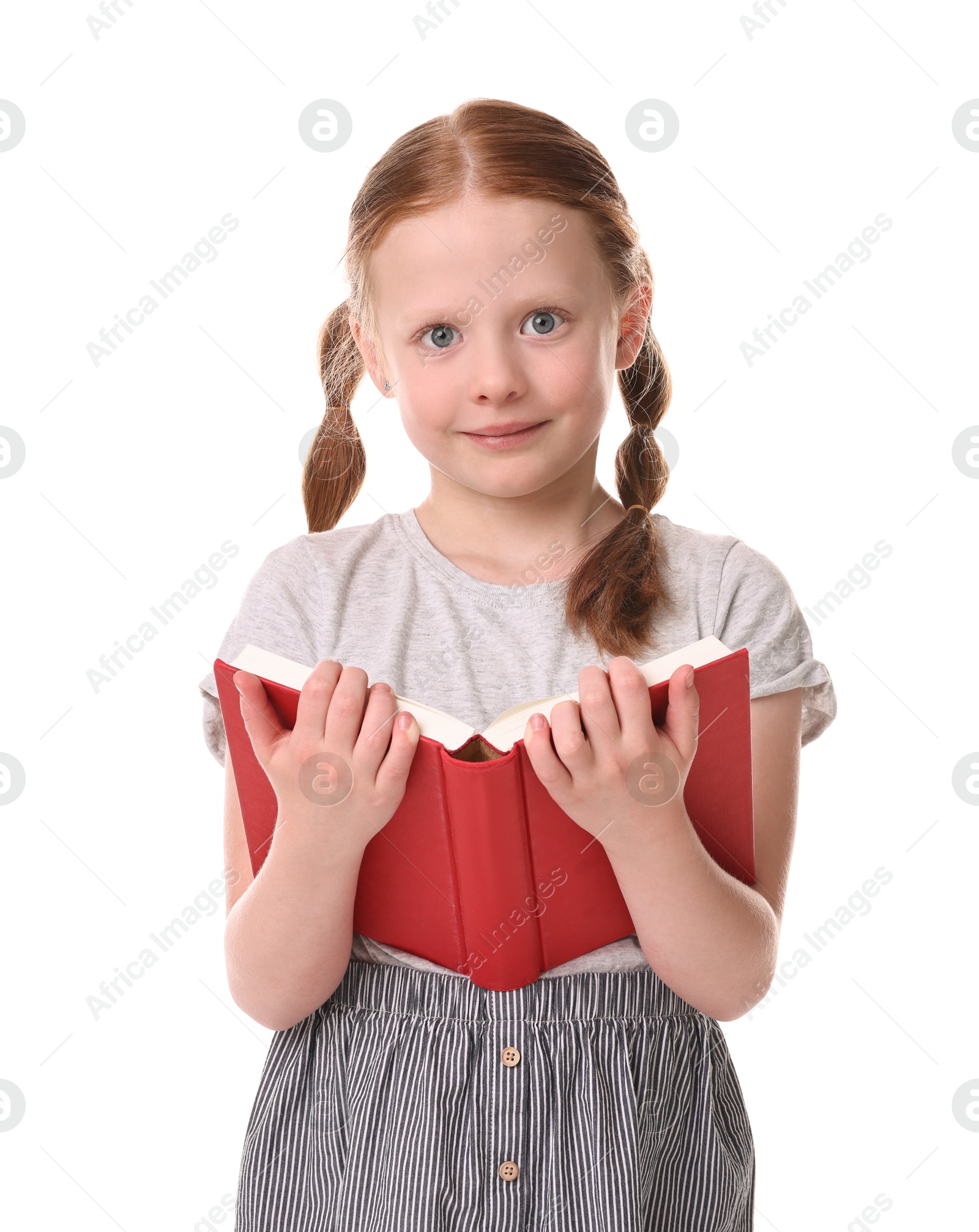 Photo of Cute little girl with book on white background