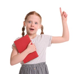 Photo of Cute little girl with book on white background